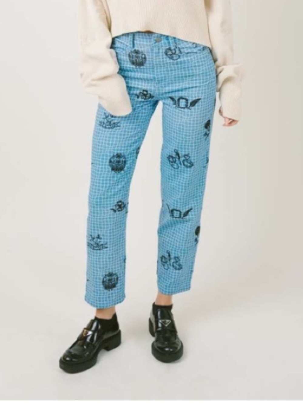 Blue Check Graphic Straight-Leg Pants